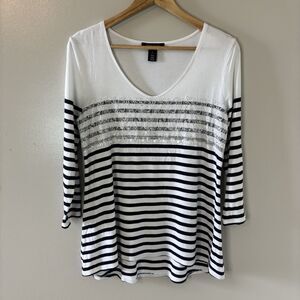 White House Black Market Top Black White Stripe Lace Beaded Shirt Sz Medium